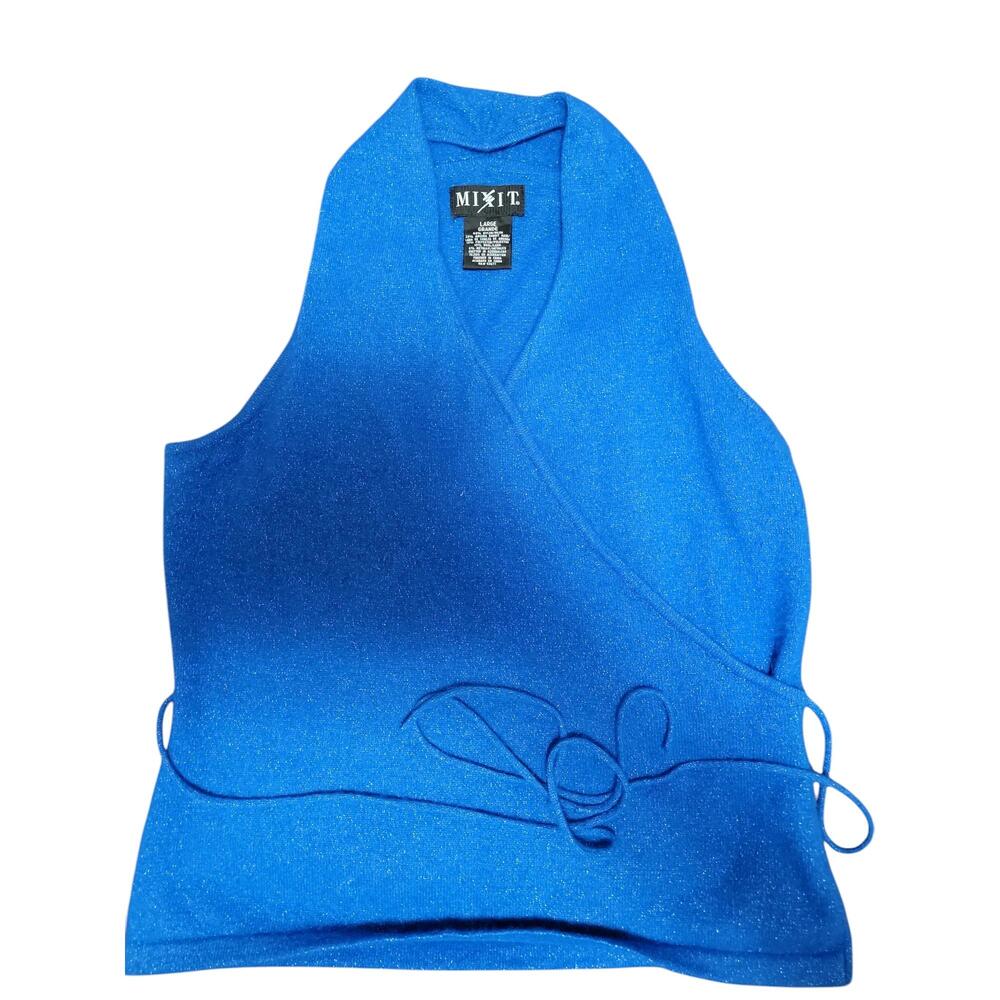 Mixit Blue Sleeveless Wrap Knit Top Womens Large